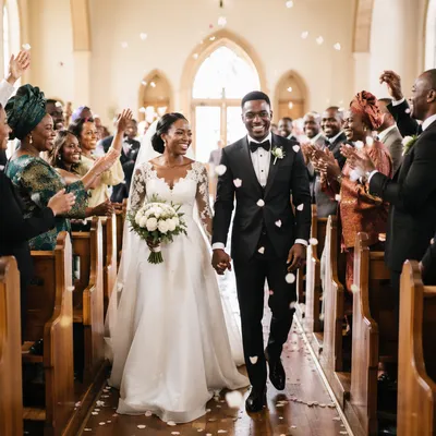 African Wedding Couple Walking Down Church Aisle