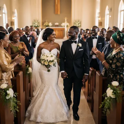 African Wedding Couple Walking Down Church Aisle