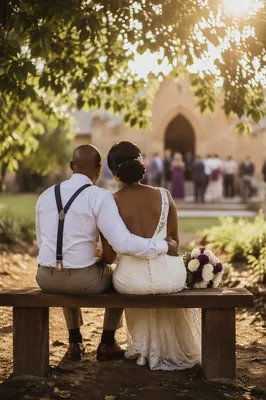 African Newlyweds Resting in Church Garden