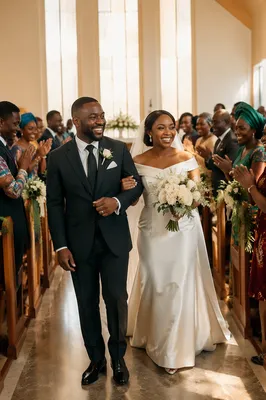 African Newlyweds Walking Down Church Aisle