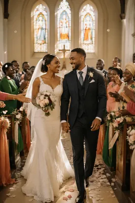 African Wedding Couple Walking Down Church Aisle