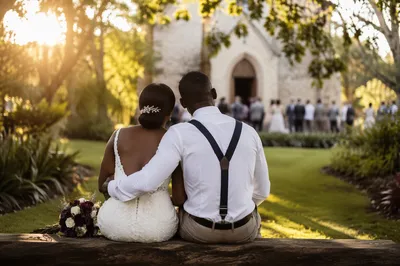 African Newlyweds in Church Garden Celebration