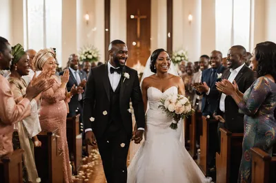African Wedding Couple Walking Down Church Aisle
