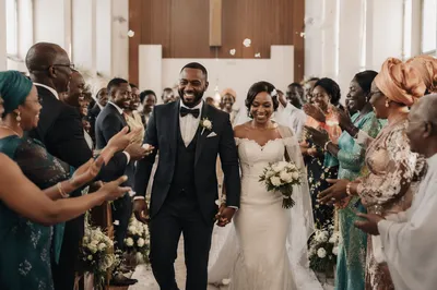 African Wedding Couple Walking Down Church Aisle