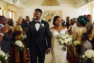 African Wedding Couple Walking Down Church Aisle