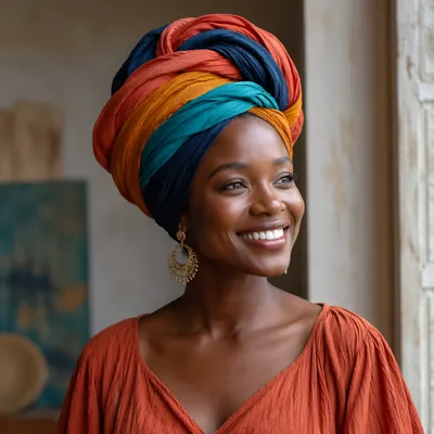 Joyful Woman in Colorful Headwrap Portrait