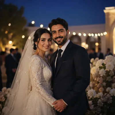 Joyful Arab Newlywed Couple at Blue Hour