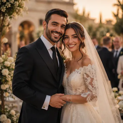 Joyful Arab Newlywed Couple at Golden Hour