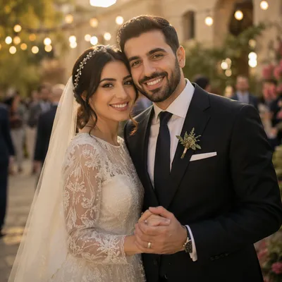 Joyful Arab Wedding Couple in Garden