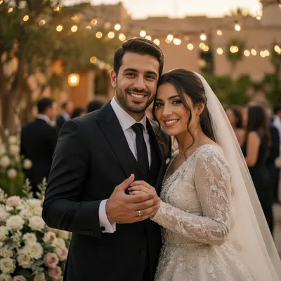 Joyful Arab Wedding Couple in Garden