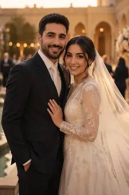 Joyful Arab Newlywed Couple at Golden Hour