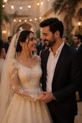 Joyful Arab Newlywed Couple at Golden Hour