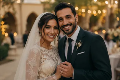 Joyful Arab Wedding Couple at Golden Hour