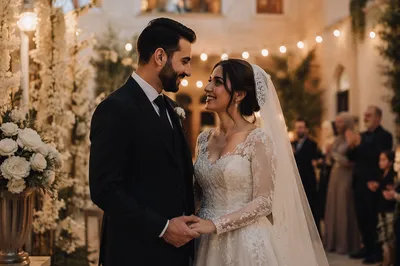 Joyful Arab Wedding Couple at Golden Hour