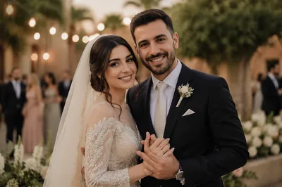 Joyful Arab Wedding Couple at Golden Hour