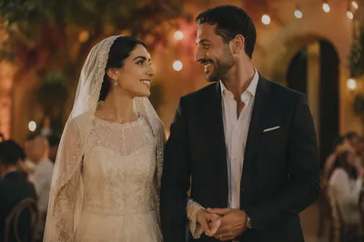 Joyful Arab Newlywed Couple at Golden Hour