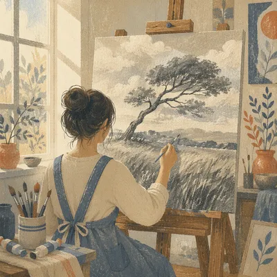 Artist Painting Landscape in Sunlit Studio