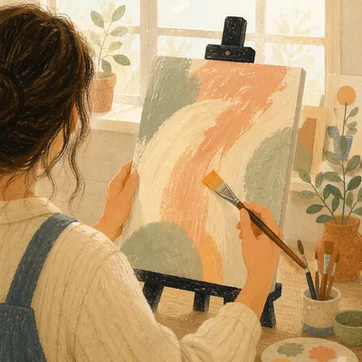 Artist Painting Abstract Canvas in Sunlit Studio