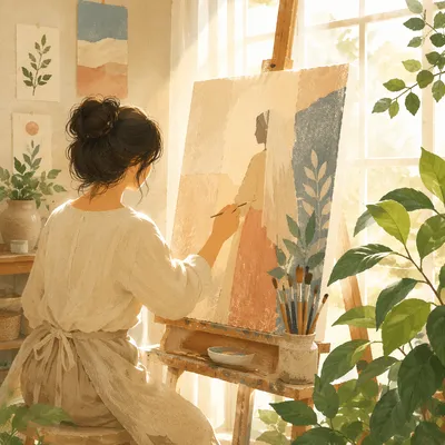 Artist Painting in Sunlit Creative Studio