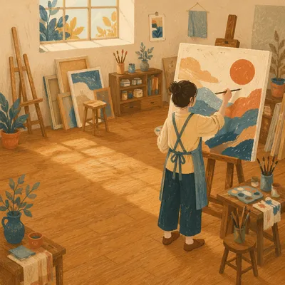 Artist Painting Canvas in Sunlit Studio
