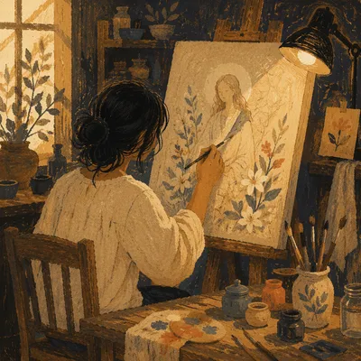 Artist Painting in Sunlit Rustic Studio