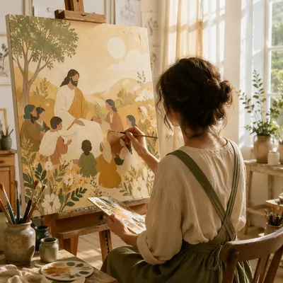 Artist Painting in Sunlit Studio