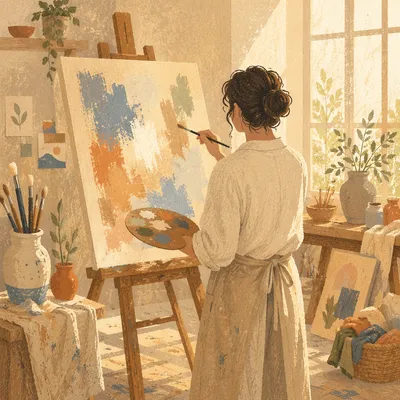 Artist Painting in Sunlit Studio Scene