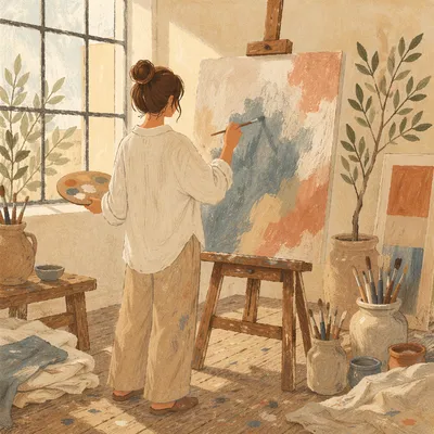Artist Painting in Sunlit Creative Studio