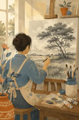 Artist Painting Landscape in Sunlit Studio