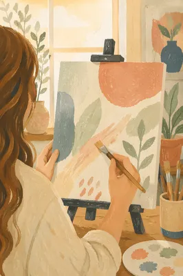 Artist Painting Abstract Canvas in Sunlit Studio