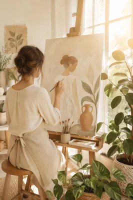 Sunlit Artist Painting in Peaceful Studio