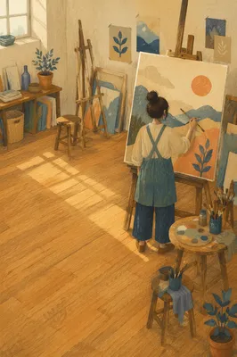 Artist Painting Canvas in Sunlit Studio