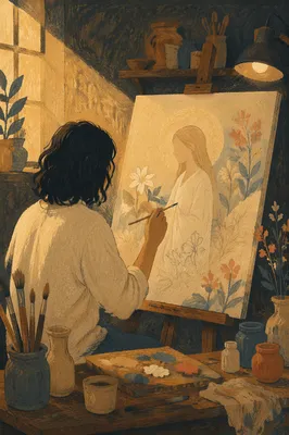 Artist Painting in Sunlit Rustic Studio