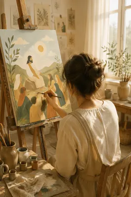 Artist Painting in Sunlit Studio
