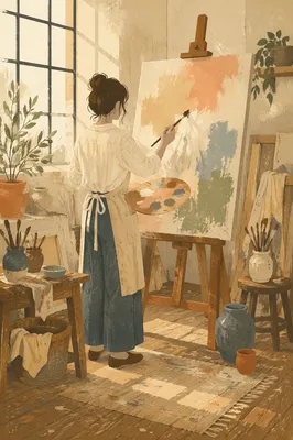 Sunlit Artist Painting in Quiet Studio
