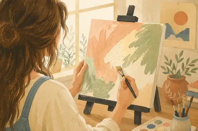 Artist Painting Abstract Canvas in Sunlit Studio
