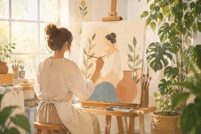 Artist Painting in Sunlit Creative Studio