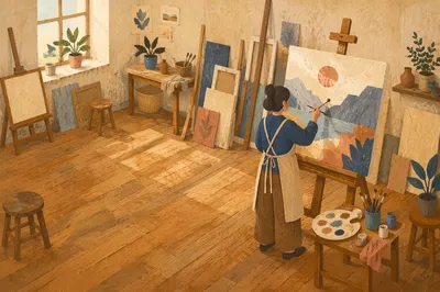 Artist Painting at Sunlit Studio Easel