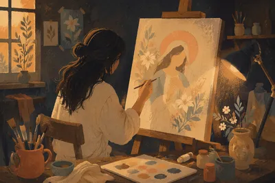 Artist Painting at Sunlit Rustic Studio