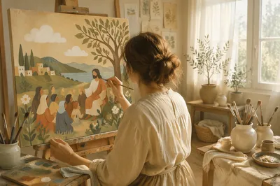 Artist Painting in Sunlit Studio