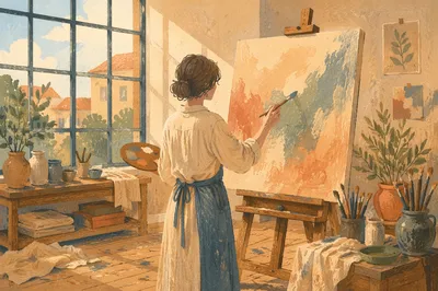 Artist Painting in Sunlit Creative Studio