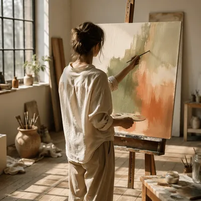 Artist Painting on Canvas in Sunlit Studio