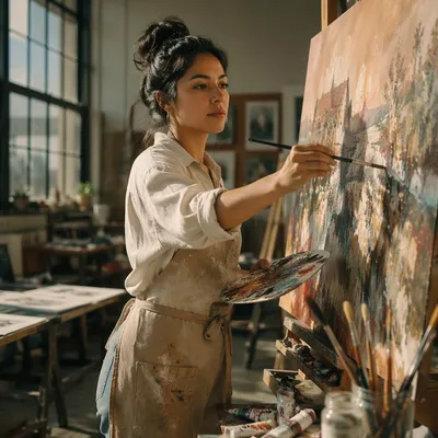 Young Artist Painting in Sunlit Studio