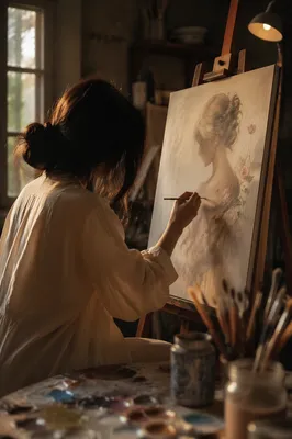 Artist Painting in Sunlit Rustic Studio