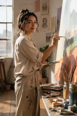 Young Woman Painting in Sunlit Studio