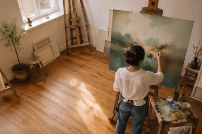 Artist Painting at Easel in Sunlit Studio