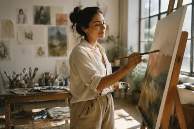 Young Artist Painting in Sunlit Studio