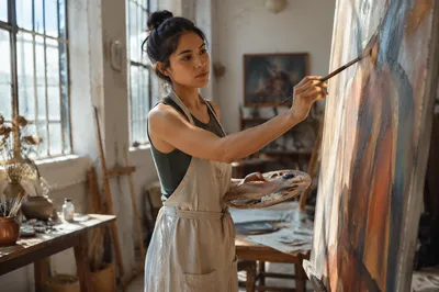 Young Woman Painting in Sunlit Studio