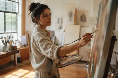 Young Artist Painting in Sunlit Studio
