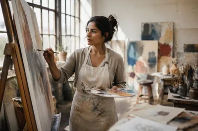 Young Artist Painting in Sunlit Studio